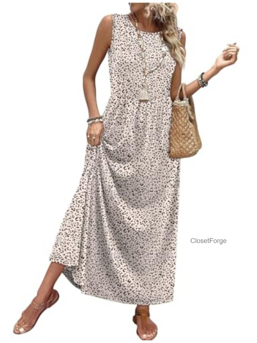 WIHOLL Women Maxi Dress A-Line Sleeveless Sundress with Pockets Flowy Summer